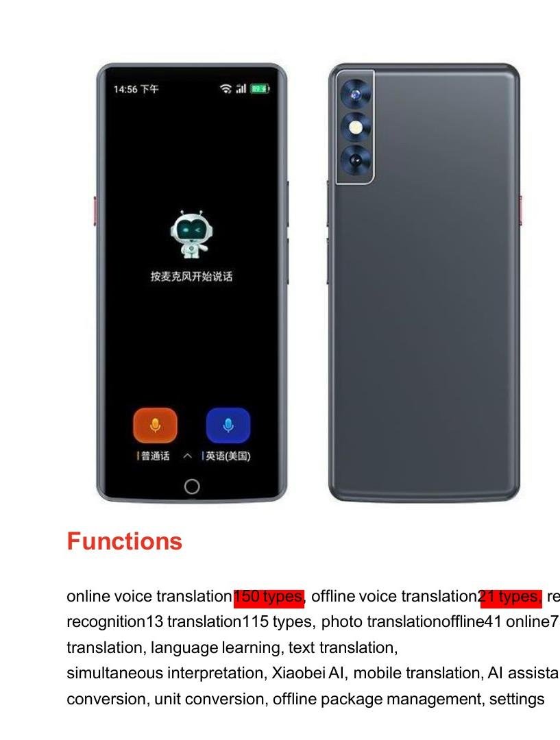 Smart Translator A50Lite Network: WIFI/hotspot/offline device bodyMaterial: ABS+PS+glass